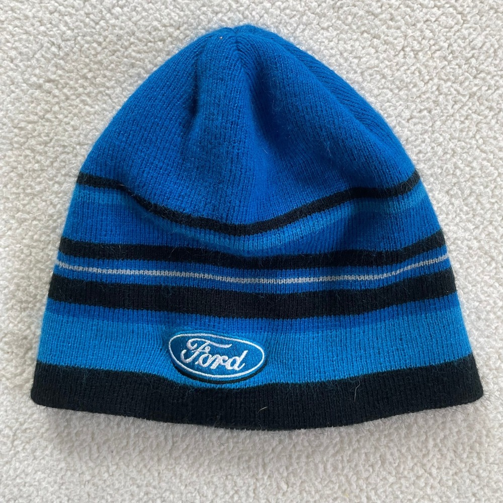 Ford Mens OS Beanie Blue Black Striped Knit Embroidered Logo Hat